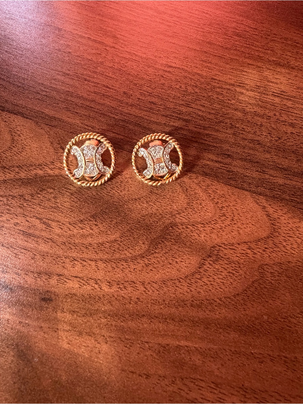 Celine Triumph Rhinestone Circle Gold Vintage Clip On Earrings.